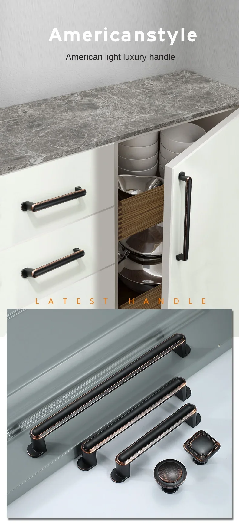 Description Picture 2 of itemZinc Alloy Black Cabinet Handles American Style Solid Kitchen Cupboard Pulls Drawer Knobs Furniture Handle Hardware