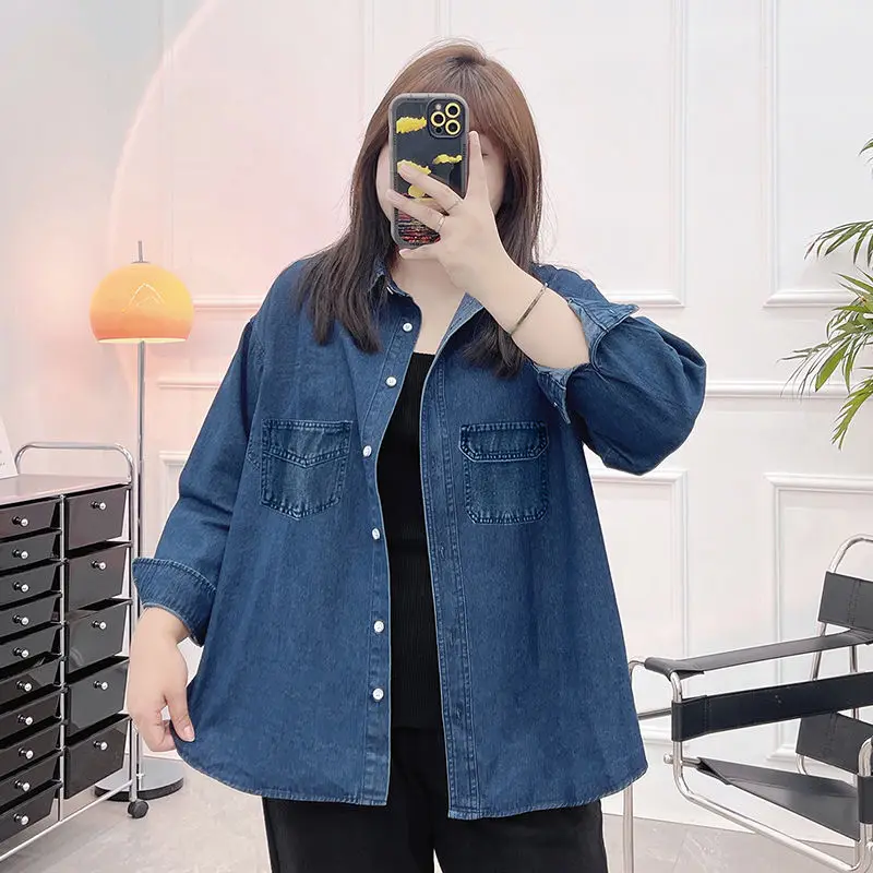 Fashion Korean Turn-down Collar Double Pockets Long Sleeve Loose Blouse Single Breasted Lazy Vintage Plus Size Blue Denim Shirt