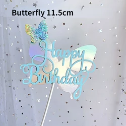 Rainbow Butterfly Cake Toppers - Happy Birthday & Baby Shower Party Decorations (Blue Happy Birthday)