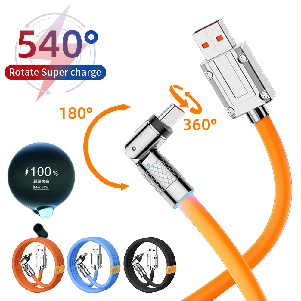 

540° Rotating 120W 6A Type C Cable Super Fast Charging Liquid Silicone Cord for Huawei P40 P30 Xiaomi 14 13 Redmi Oneplus OPPO