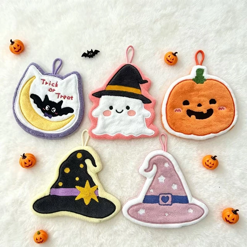 Black Cat Cartoon Hand Towel - Soft & Absorbent Coral Fleece for Kids - Halloween Pumpkin Design for Bathroom & Kitchen Use