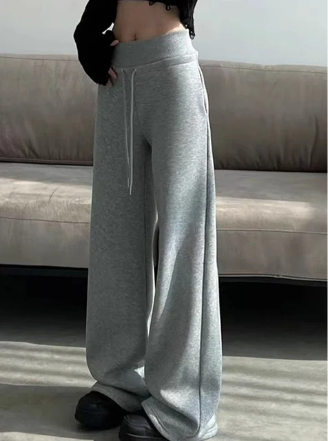 Women's gray sports high waist hanging loose slimming straight leg wide leg pants American sweatpants.
