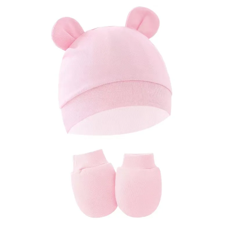 European and American Newborn Baby Cap Anti-grab Gloves Baby Hat Binaural Hat Gloves Two-piece Set 8305