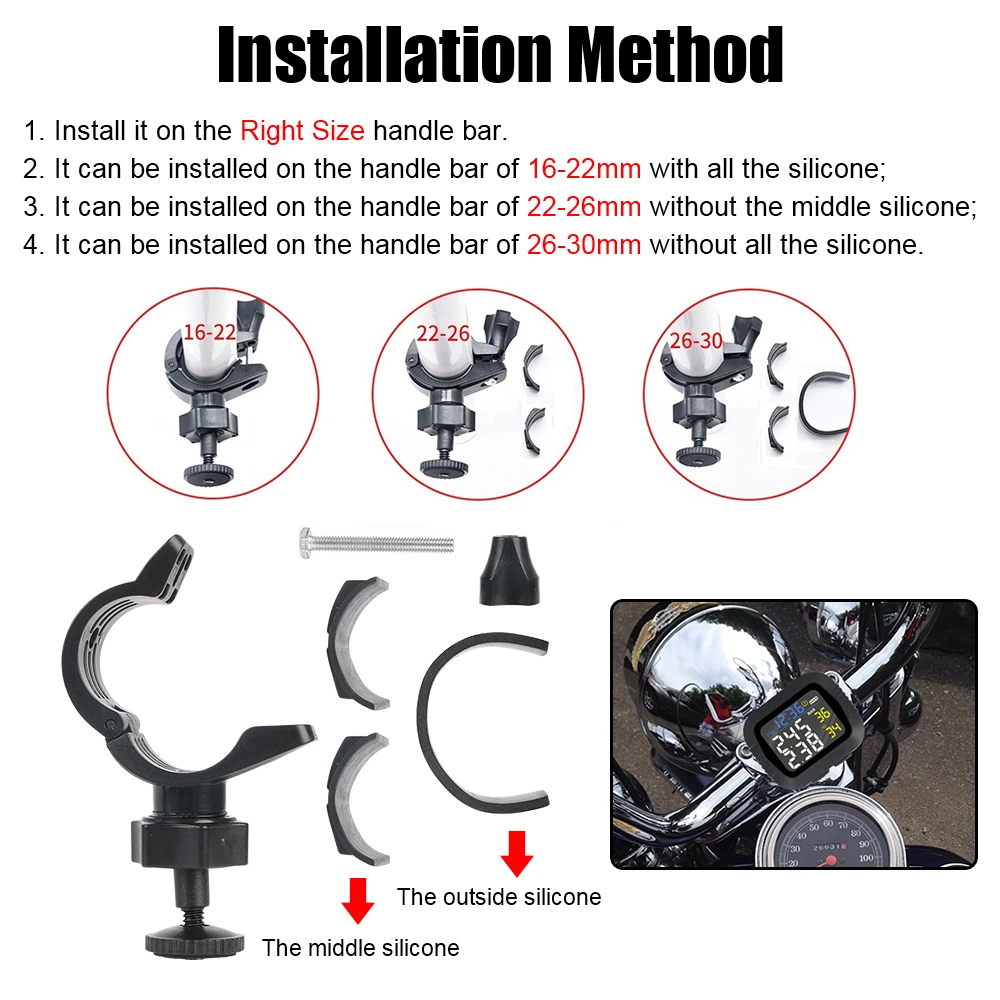 Digital Motorcycle TPMS Clock Temperature Alarm LCD Colorful Display Tire Pressure Monitoring System With 2 External