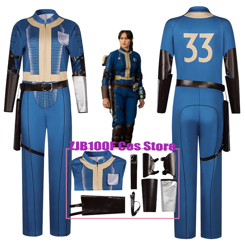 

Fall Cosplay Anime Lucy Costume Out Vault No 33 Jumpsuit Blue Uniform Accessory Strap Props Set Halloween Party Outfit for Women