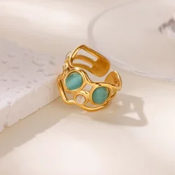 Vintage Green Stone Gold - Toned Stainless Steel Wide Ring - Resizable (7)