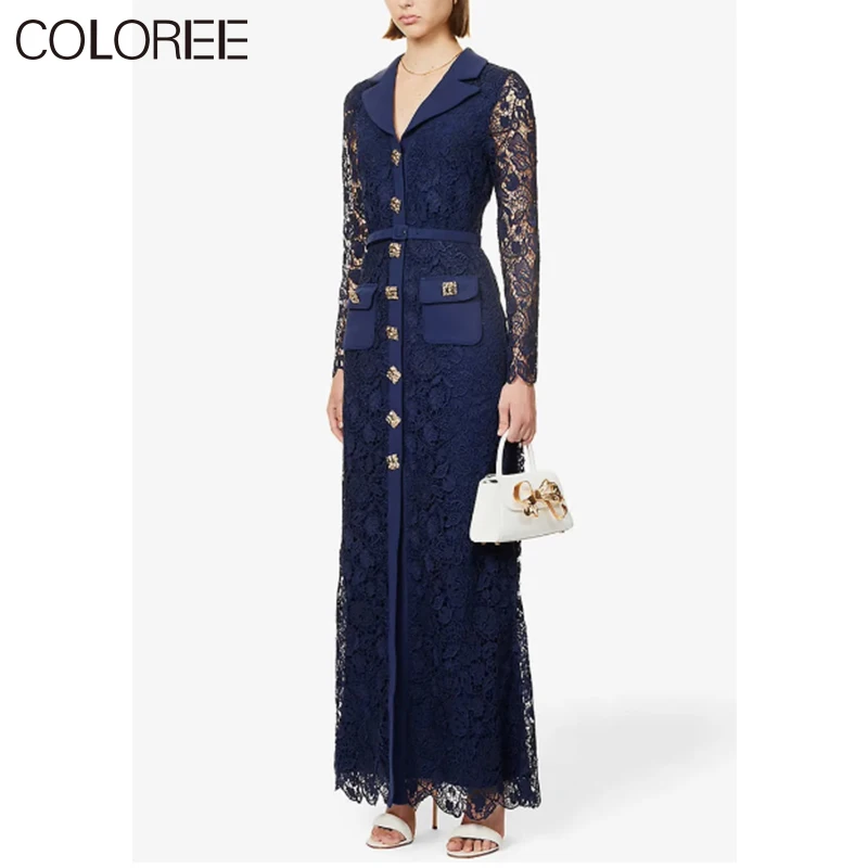 

High Quality Runway Designer Dress Women Navy Hollow Out Lace Long Dresses 2023 Vintage Elegant Vestidos Para Mujer