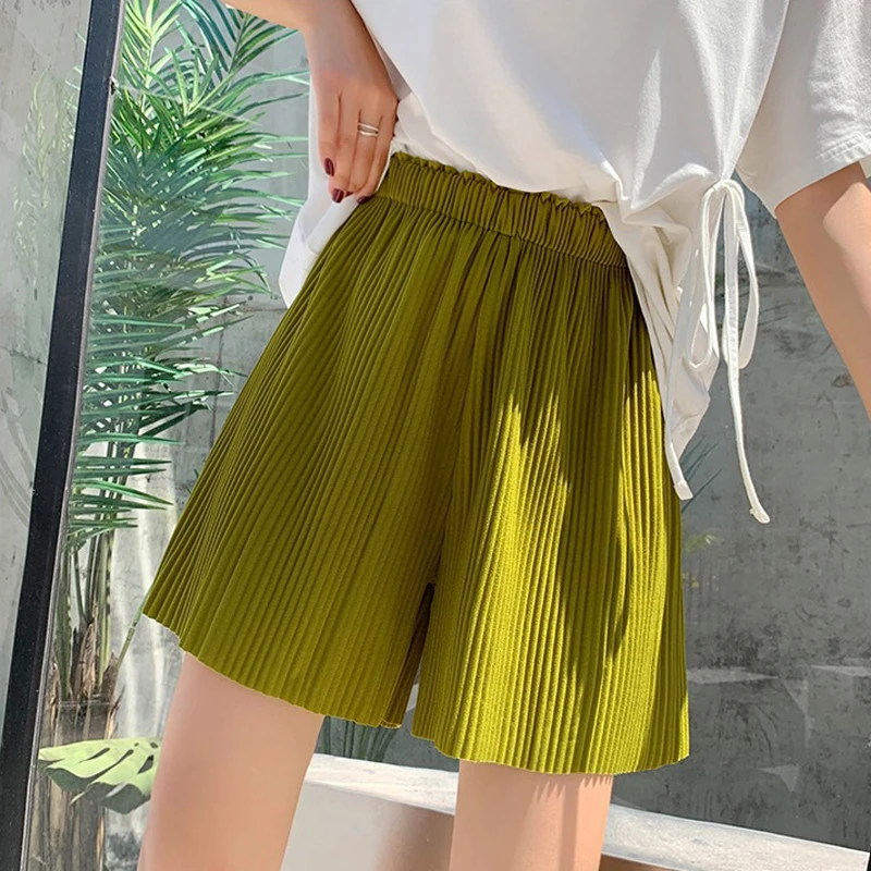 Women's Summer Shorts Ice Silk Loose Fashion Beach Style Shorts Soft Casual High Waist Streetwear Cropped Pants Solid Cycling paperbag shorts