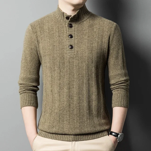 Suéter de lana de cuello medio con botones, grueso y cálido, nuevo, para hombre, jersey de marca de negocios para otoño e invierno
