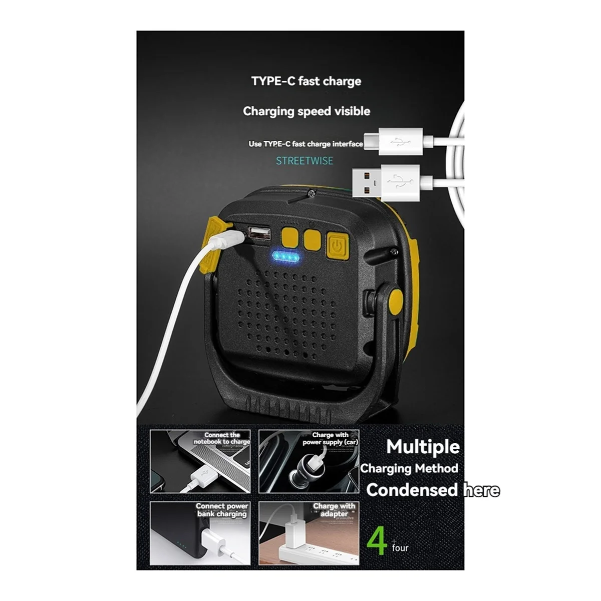 BAAU Portable LED Spotlight Lantern Strong Light Flashlight Outdoor Camping Fishing Emergency Rechargeable WorkLamp Yellow