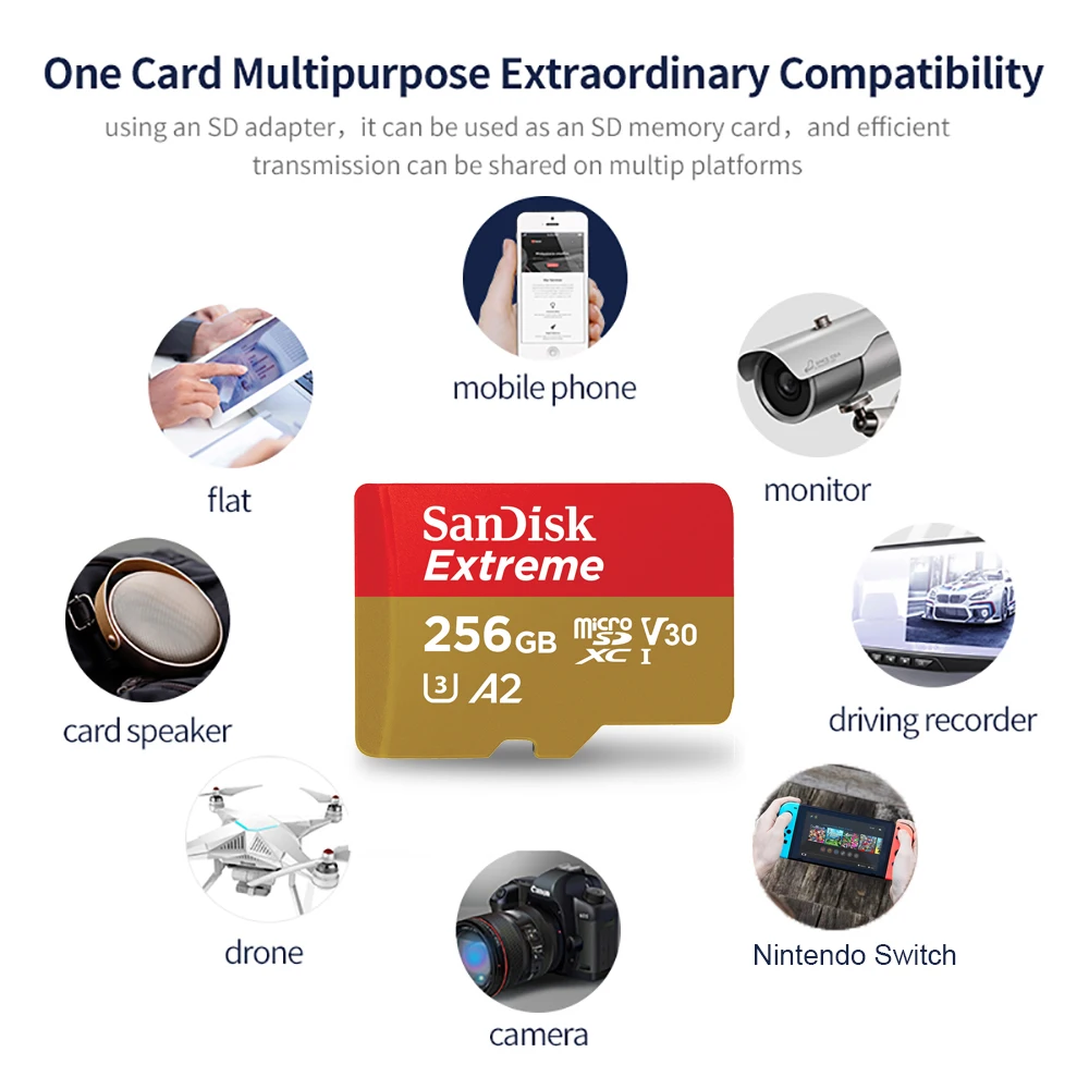 SanDisk karta Micro SD Extreme microSDXC UHS-I karta pamięci A2 U3 4K Flash TF karta MicroSD do kamery parowej GoPro Nintendo