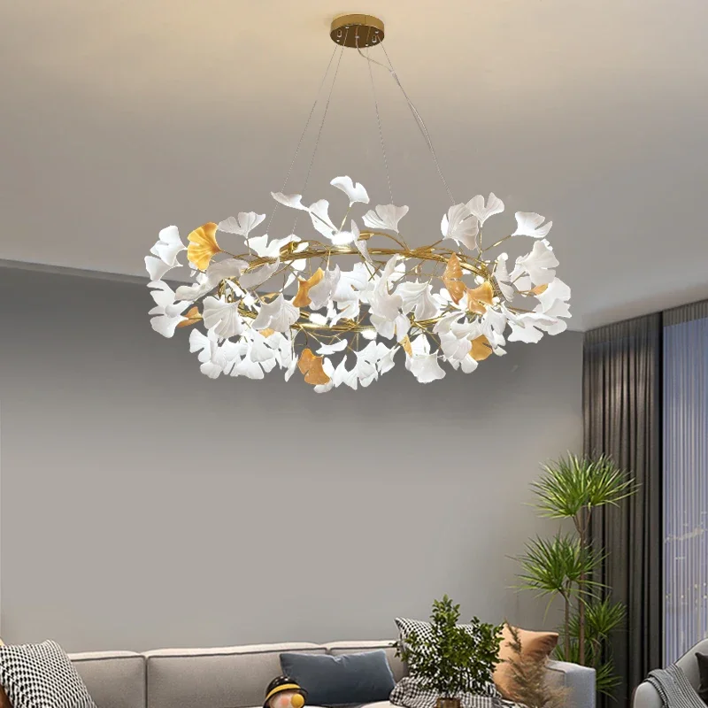 

Nordic Chandelier Hanging living Room Chandelier Modern Restaurant Kitchen Ginkgo Leaf Lamp Rose Gold/Black Branch Round Indoor