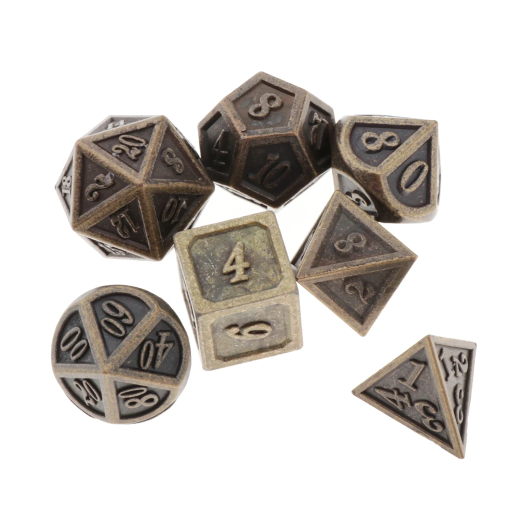 7 Pieces Antique Copper Solid Metal Polyhedral Dice Old Copper Metal RPG Role Playing Game Dice, 7 Pcs Set