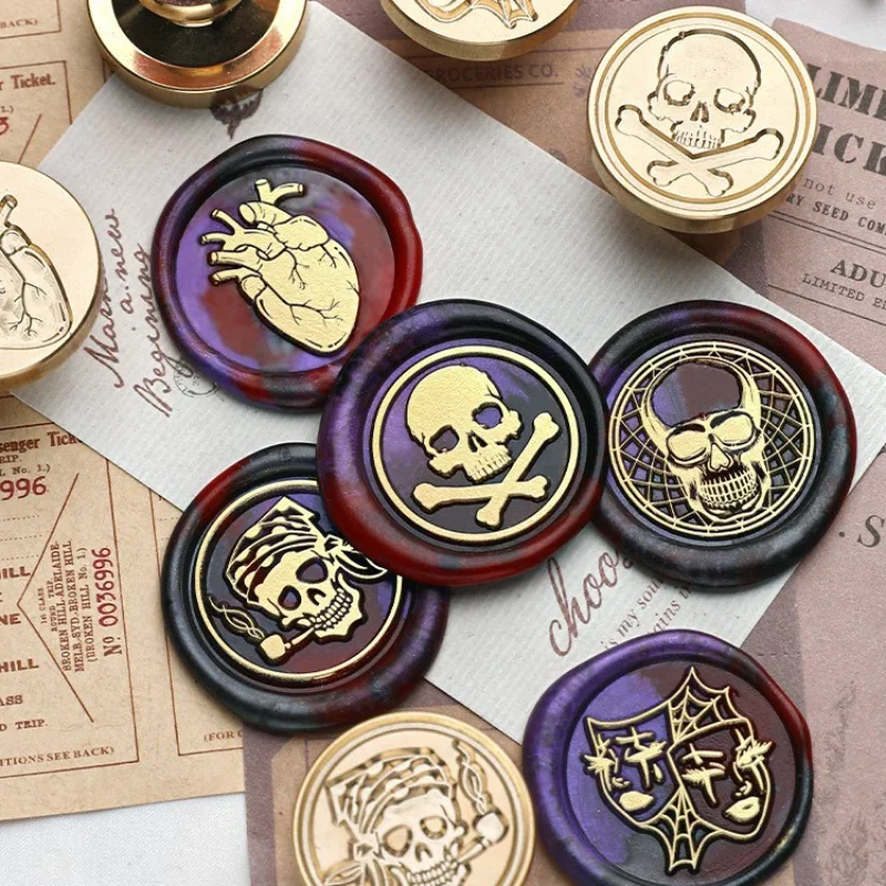 Fire-painted Seal Wax Seal Set with Handle Brass Skeletons Pirates Halloween Handmade DIY Decor Scrapbooking Material Wax Seal Stamp,Sealing Wax Beads,Wax Seal Stamp Set,Seal Wax,Seal Wax Sticks
