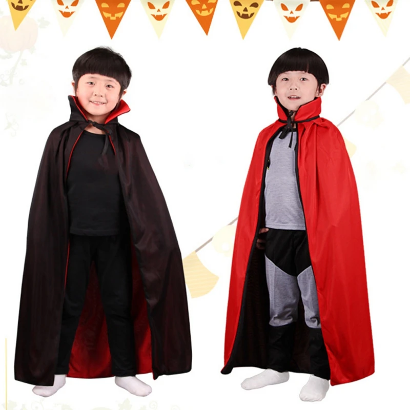 Kids Cosplay Costume Superhero Cosplay Costume Cosplay Costume Halloween Child Stand Collar Cape Black Red Reversible Cap Vampire Cape with Hat 2-12Y