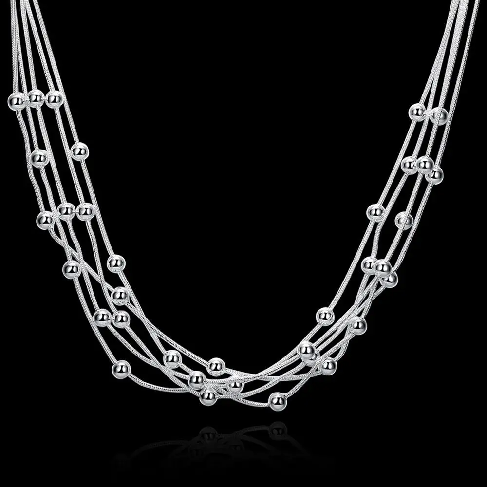 

Fashion Luxury 925 Stamped Silver Color Smooth Beads Necklace for Women Fine Lady Party Jewelry Gift Wedding Chain Necklace