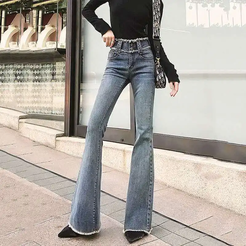 Woman Jeans Pants Horn Style In Black Autumn Winter Clothes High