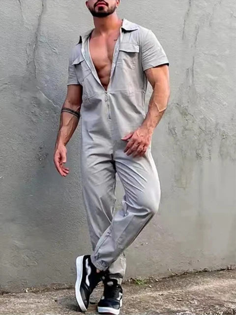 Mono largo holgado con solapa y cremallera para hombre, pantalones de manga  corta, chándal, ropa de calle, Monos Blancos, moda de verano, 2023 -  AliExpress