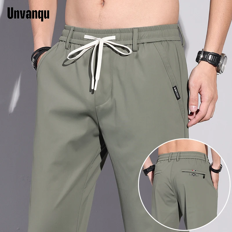Unvanqu Harajuku Street Soft Ice Silk Thin Casual Pants 2024 Summer Men's Fashion New Small Straight Elastic Waist Trousers Male