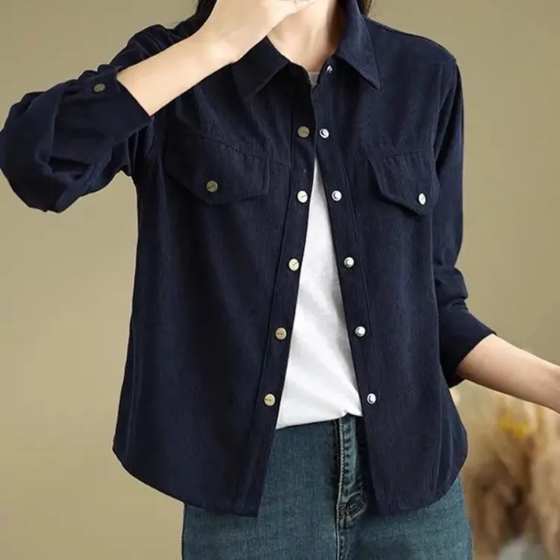 Women's Fashion Corduroy Long-Sleeve Casual Loose-Fit Versatile Blouse