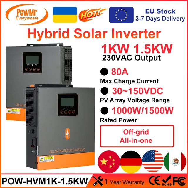 PowMr 1.5KW 1KW Solar Hybrid Inverter 12V 220V Pure Sine Wave With Charging MPPT 80A Solar Chage Controller Panel 150VDC Input 1