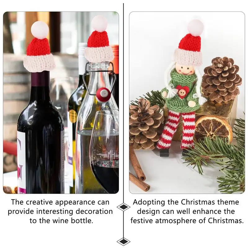 20pcs Christmas Lollipop Hat Santa Knitted Hat Christmas Wine Bottle Santa Hats Silverware Holders