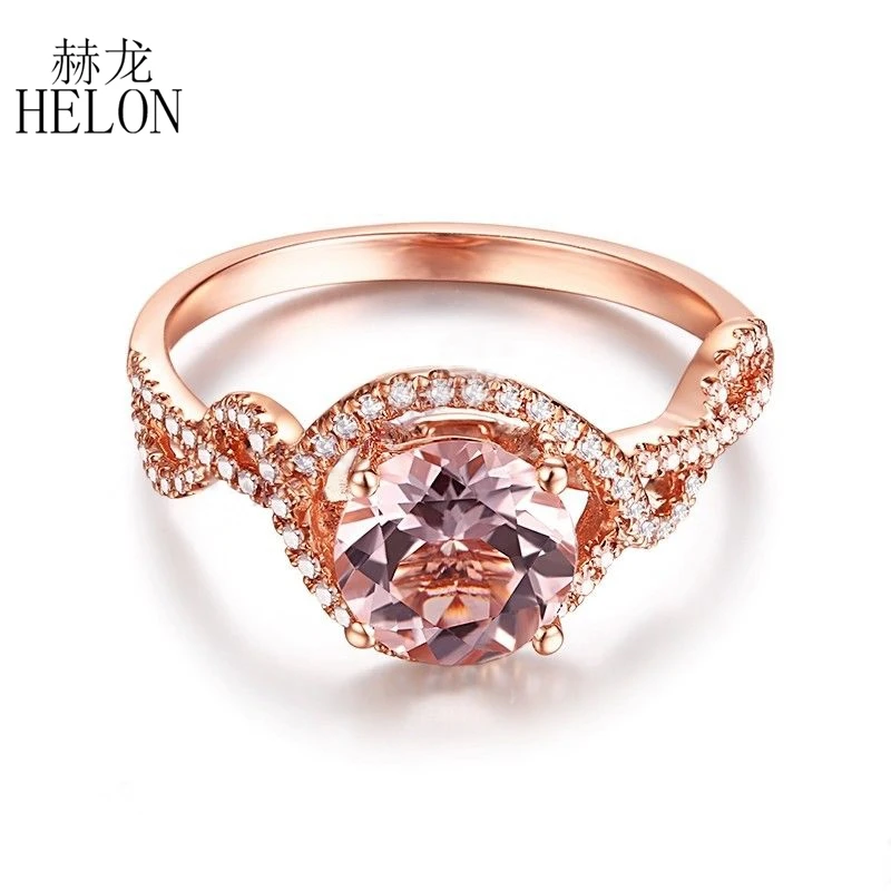 

HELON Round 7mm Genuine Morganite Women Ring Solid 18k 14k 10k Rose Gold Ring Natural Diamond Engagement Wedding Ring