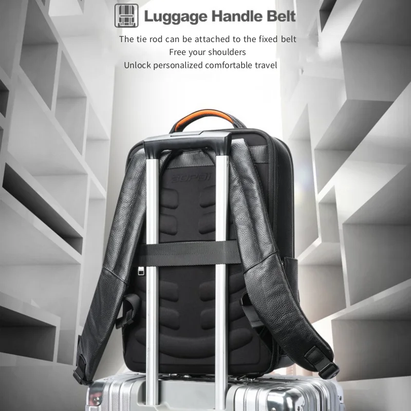 BOPAI Luxury Leather Men Leather Waterproof Backpack Fashion Business Travel Shoulder Bag 15.6Inch Laptop USB Charging Backpacks 3