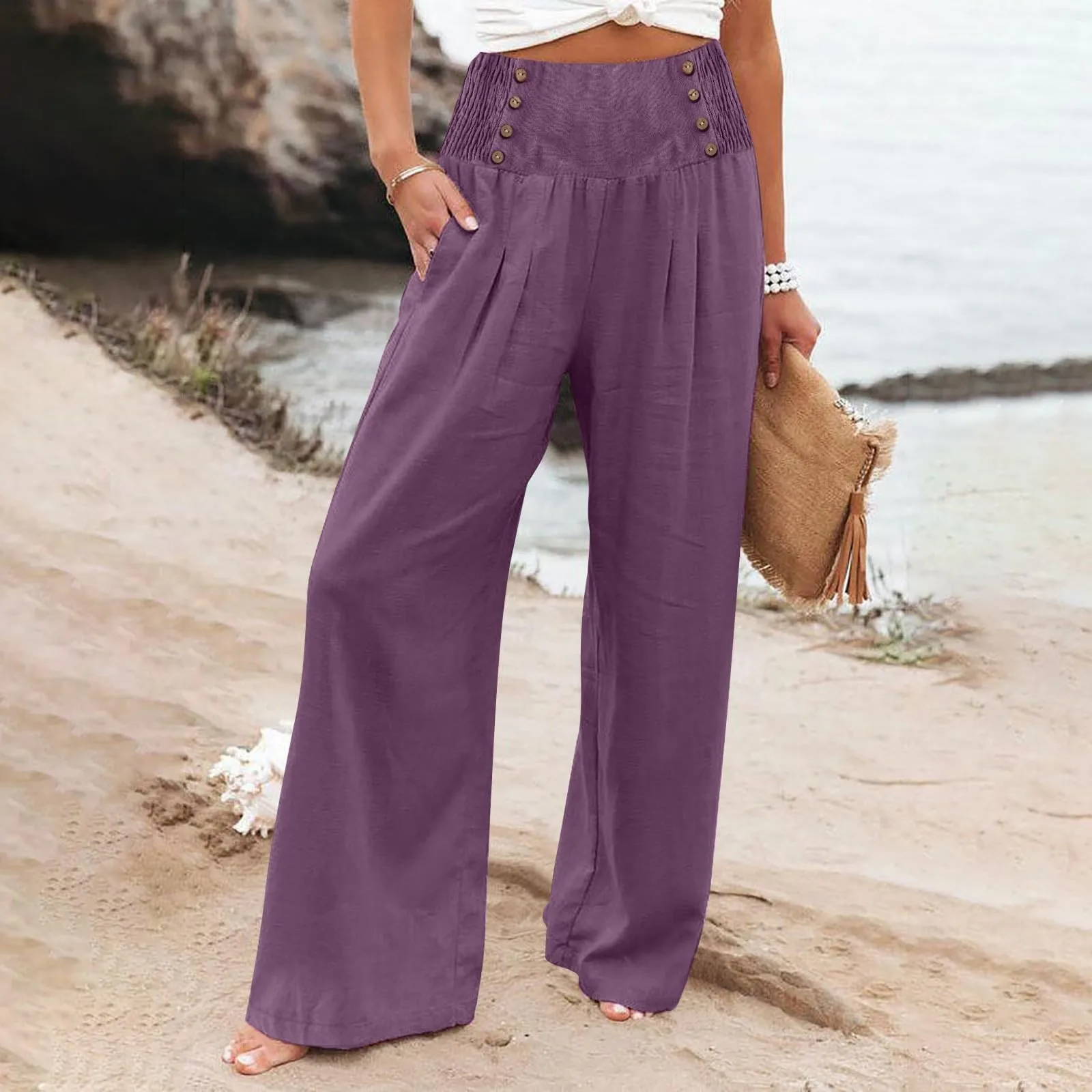 

Women’s Wide Leg Long Pants Summer Casual High Waisted Palazzo Pants Baggy Beach Trousers With Pocket Women Pants Casual Set