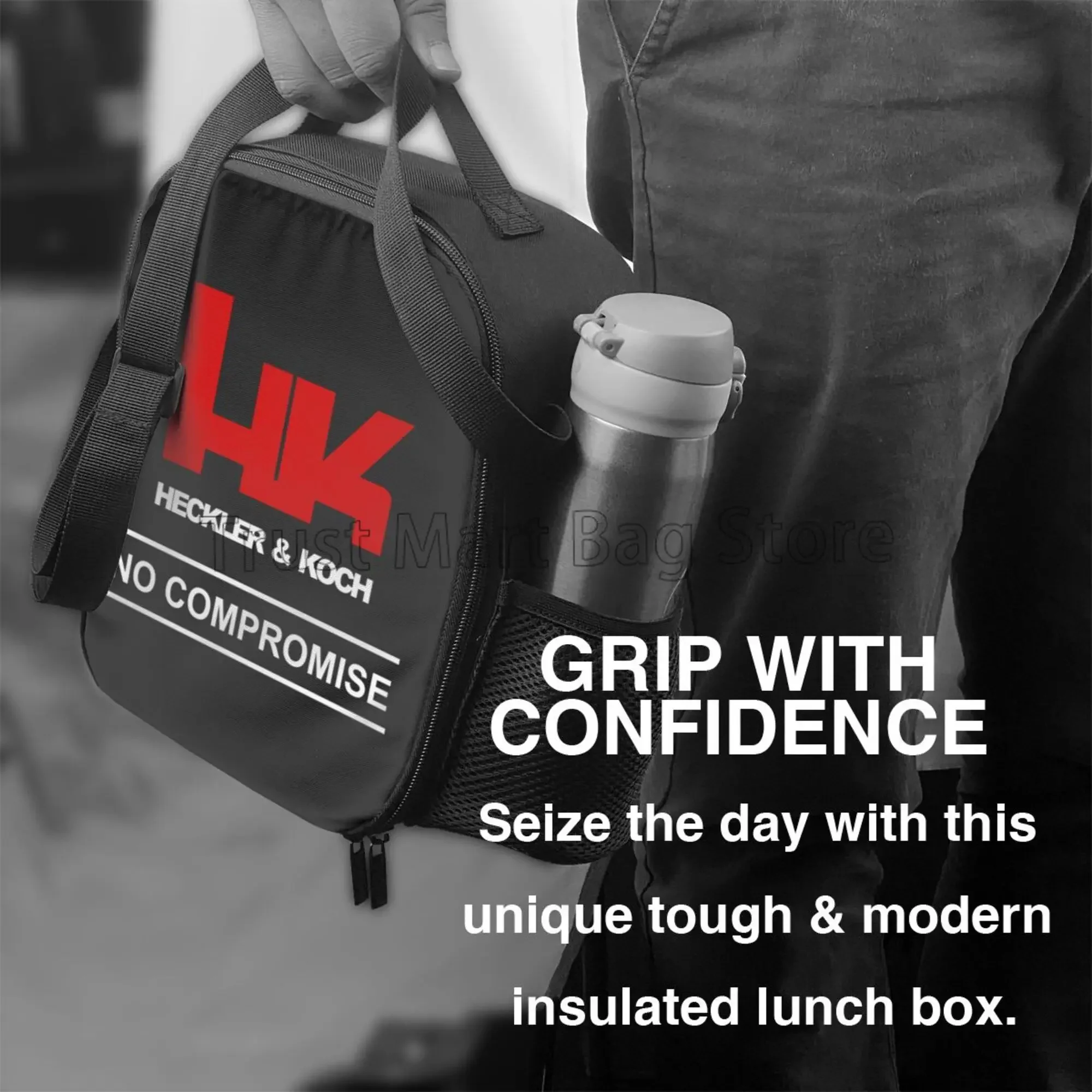 HK Lunch Bag Heckler Koch Firearms No Compromise Insulated Lunch Box Reusable Thermal Cooler Bento Tote Bag with Shoulder Strap