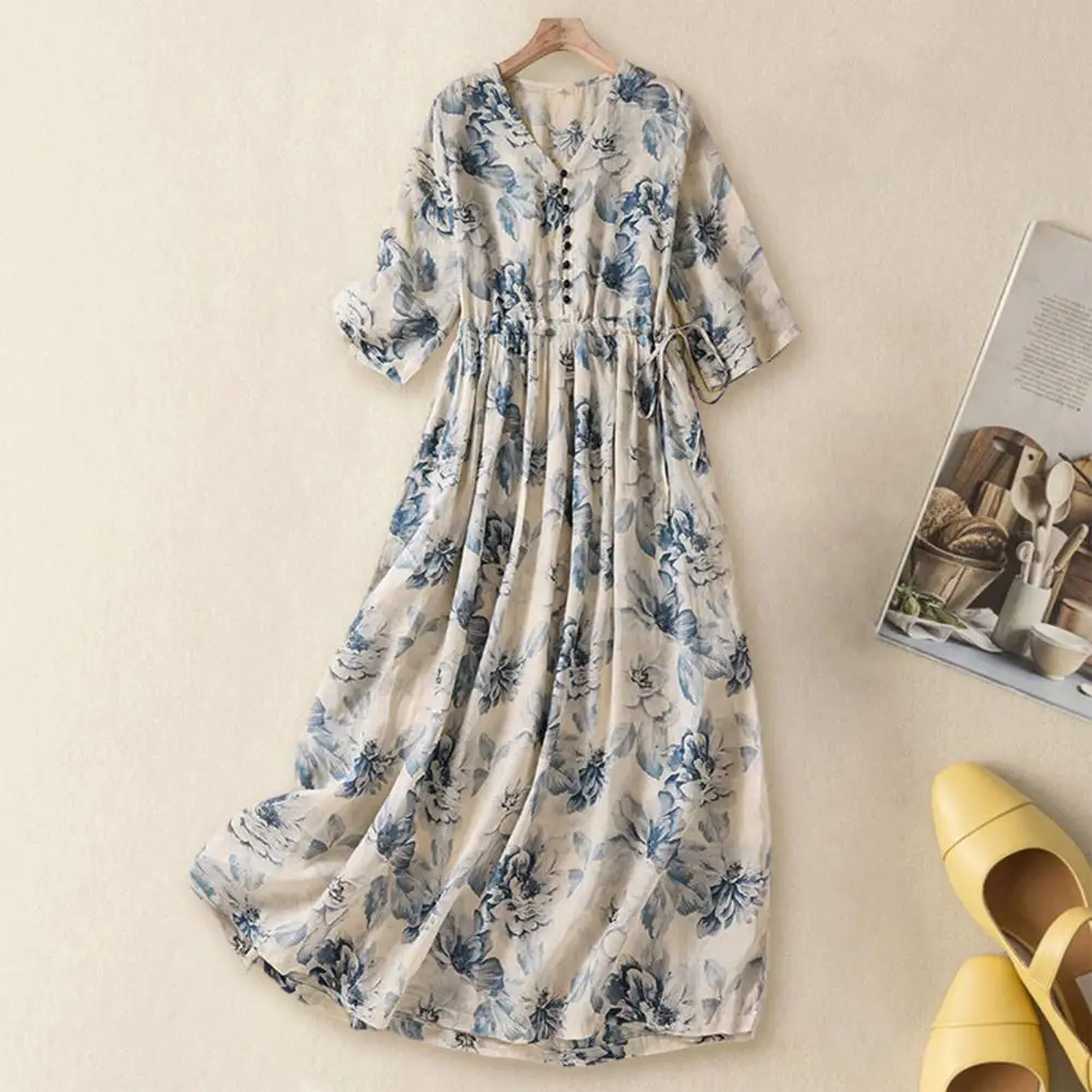 

Women Summer Dress Retro Flower Print Pleated A-line Loose Hem Elastic Waist Side Lady Beach Midi Dress Vestidos Mujer