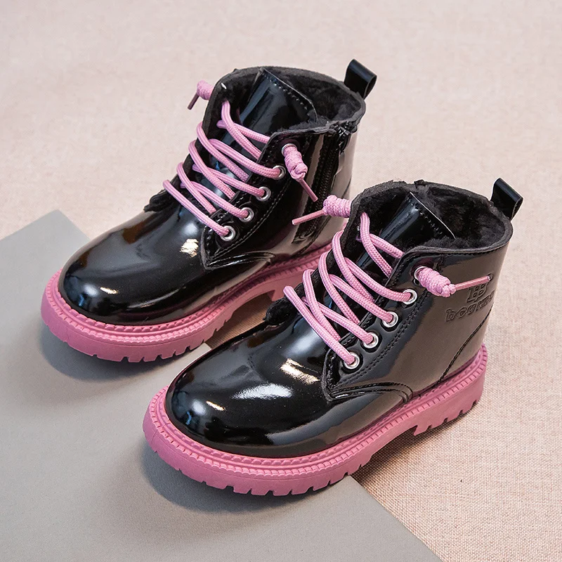 Mädchen-Stiefel, Schnür-Winter-Stiefeletten für kleine Mädchen, Plüsch-Schneestiefel, wasserdichte, rutschfeste Winterschuhe_voghion.com