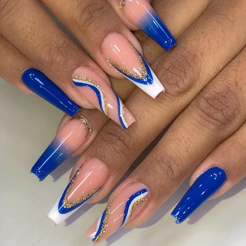

24P Aquamarine Ripple Long Ballet Nail Art Fake Nails French Square Head Wearable False Nail Repeatable Removable Press on Nails