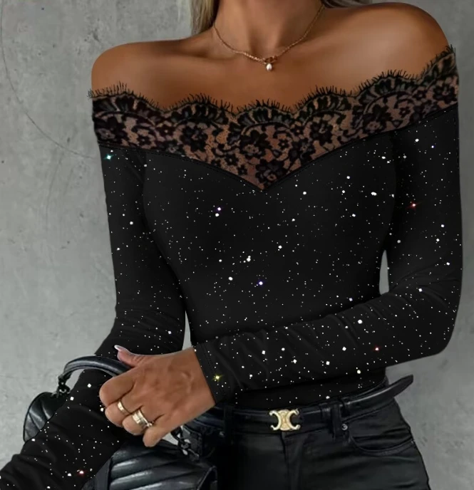 

Women's Glitter Lace Patch Top Plain Off Shoulder Eyelash Design Women Chic And Elegant Skinny Long Sleeve T-Shirt