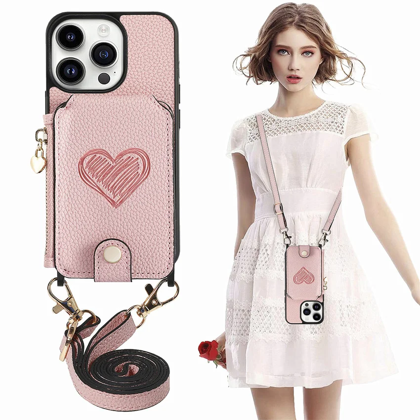 

Love Heart Zipper Wallet Crossbody Leather Case For iphone 15 14 13 12 11 Pro Max Back Cover With Lanyard Flip Card Bag