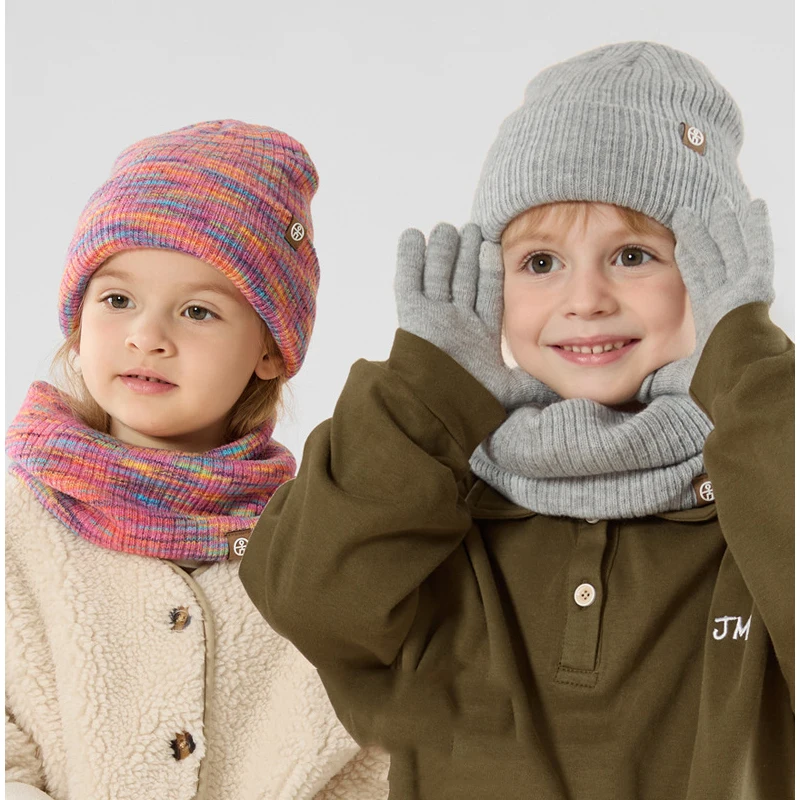 3pcs Winter Set for Children Knit Striped Beanies Kids Scarf Double Layer Plush Lining Winter Hat Snood Gloves Set for Girl Boy