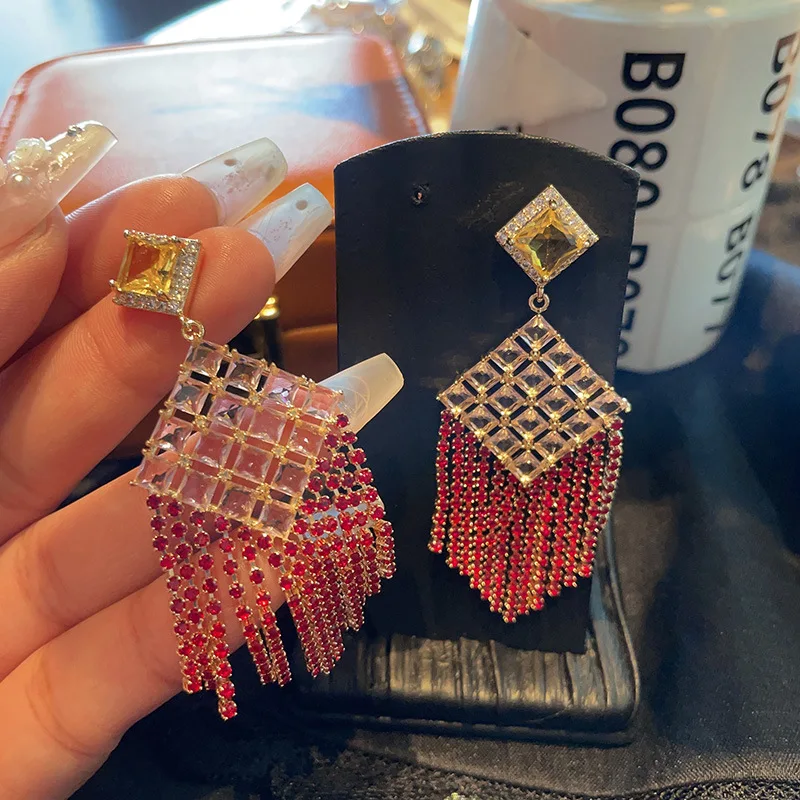 Bilincolor Square Zircon Tassel Earrings