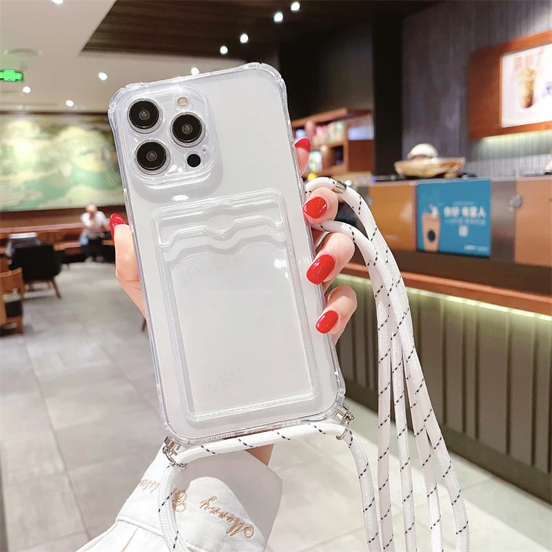 Custodia per telefono con cordino a tracolla per iPhone 15 14 Plus 13 12 Mini 11 Pro Max Cover posteriore trasparente antiurto in TPU morbido_voghion.com
