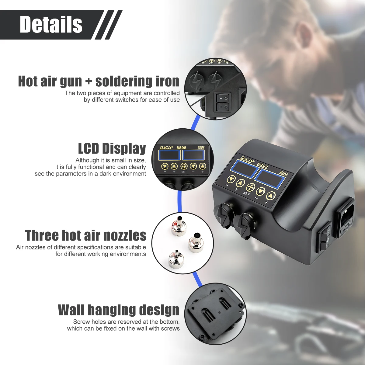 JCD 8898 Soldering Station 750W 2 in 1 Soldering Iron Hot Air Gun Rework Welding Station For Phone BGA SMD Welding Repair Tools 4
