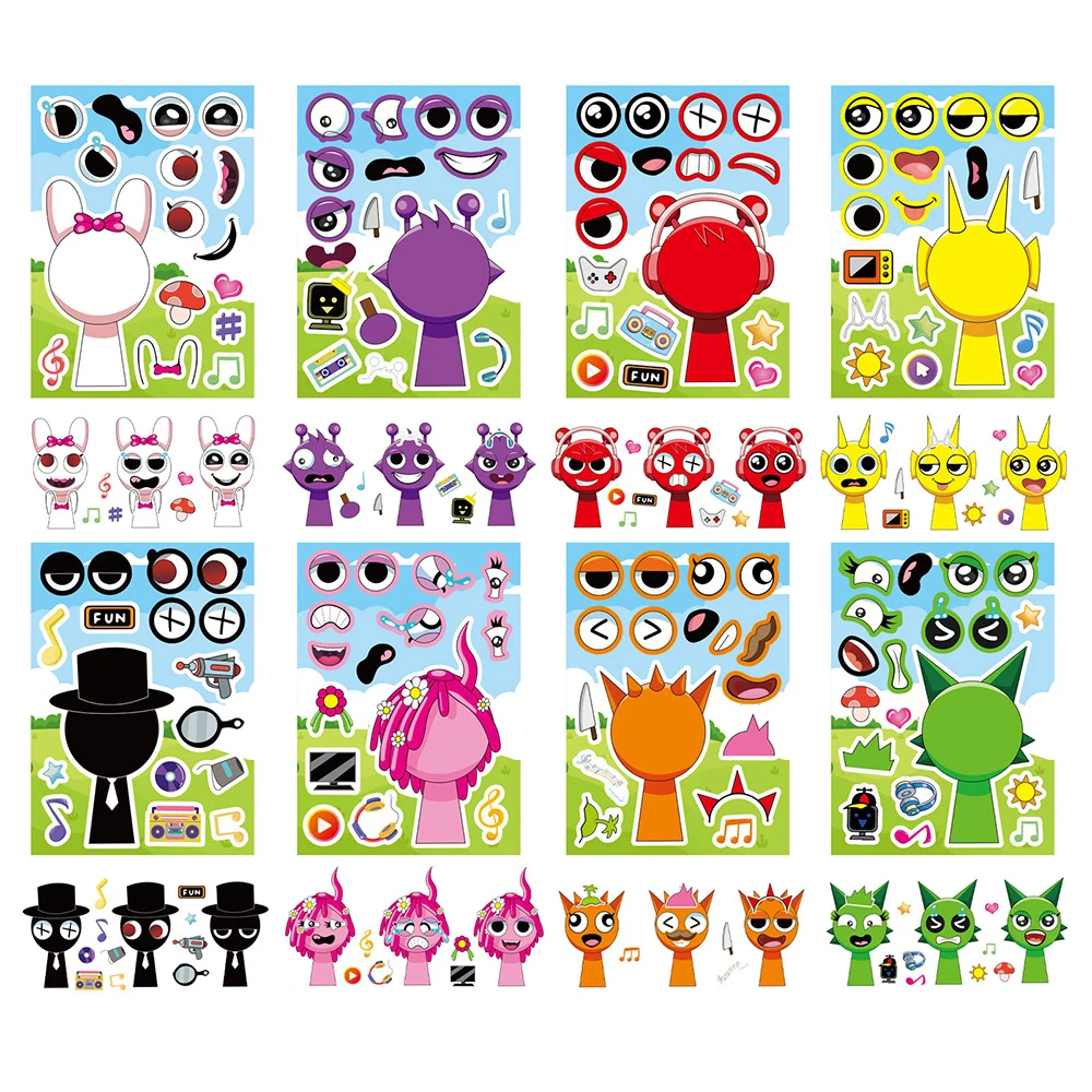 8/16Sheets Children DIY Incredibox Sprunki Make a Face Puzzle Sticker Funny Game Assemble Jigsaw Kids Toys Cartoon Decals Gifts