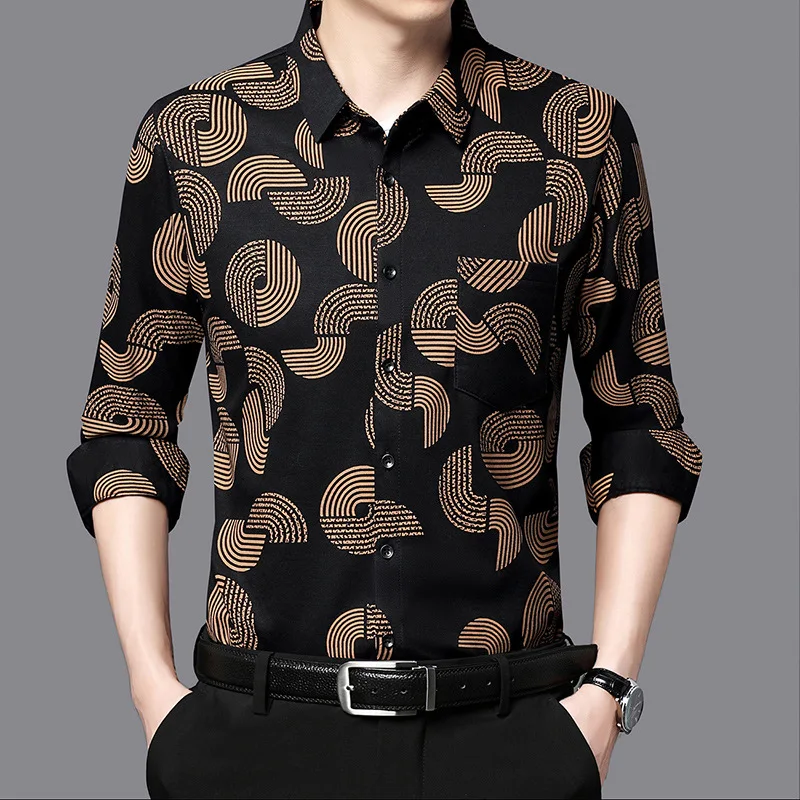 Spring and Autumn Men's Polo Collar Contrast Printing Geometric Pocket Long Sleeve Cardigan Shirt Coat Casual Formal Tops