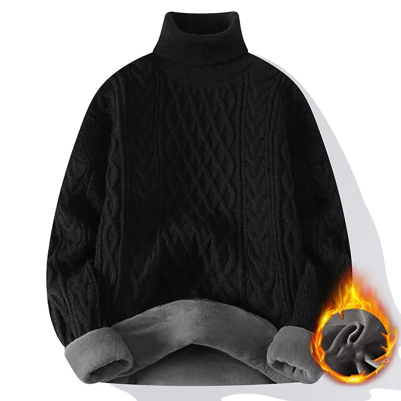 2023 Autumn Winter Mens Fleece Turtleneck Sweater Men Knitting Pullovers Knitted Red Sweater Warm Men Jumper Casual Sweater
