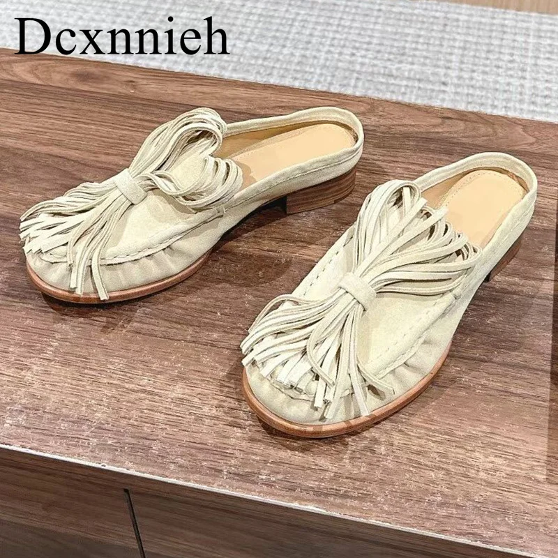 

Cow Suede Shallow Mouth Flat Loafer Women's Tassel Decor Pea Shoes Spring Autumn Solid Color Doudou Shoes Office Shoes mules