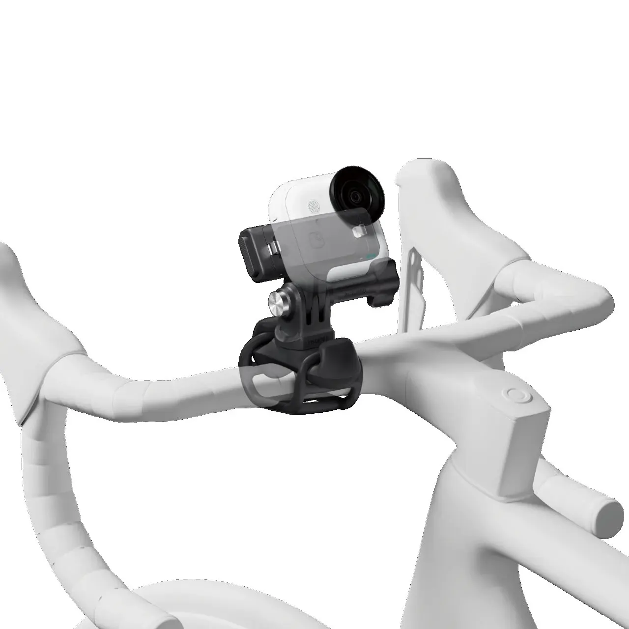 Vue rapprochée du support Insta360 GO Ultra Flexi Strap Mount montrant la rotation 360° et l'attache élastique.