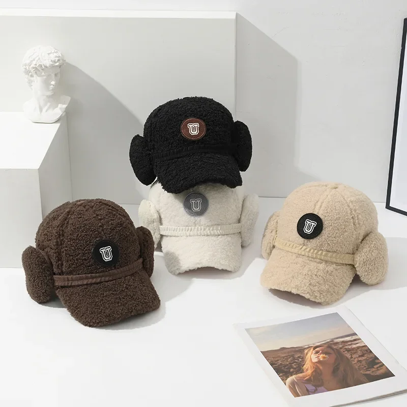 

Baseball Cap Women's Lambswool Earflaps Warm Hat Autumn and Winter Furry Peaked Cap Versatile Fashion Hat