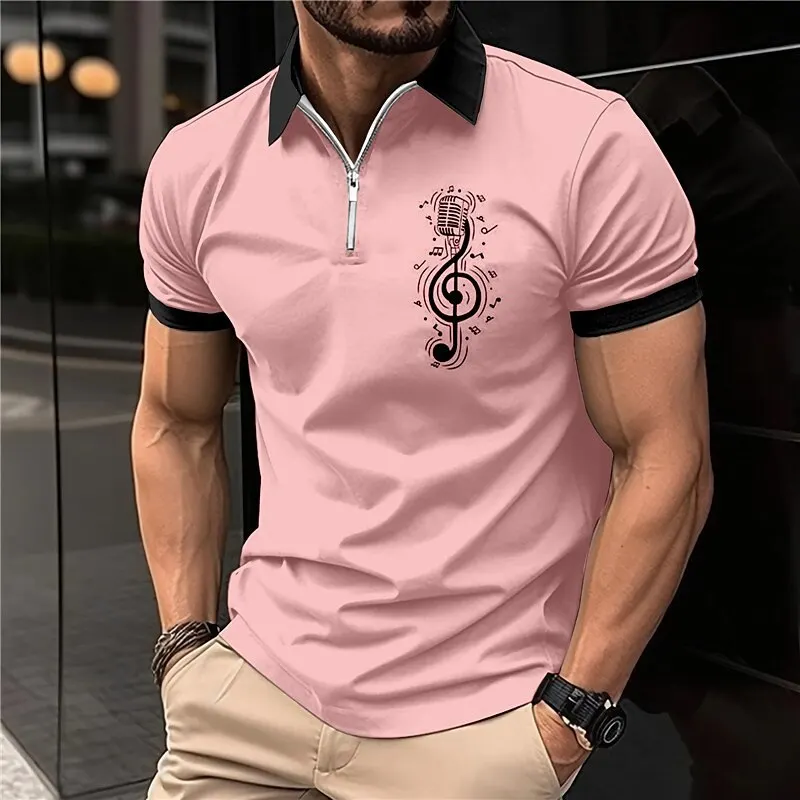 

Men's Polo Polo Shirt Golf Shirt Music Notes Print Outdoor Street Short Sleeve Lapel Zipper Shirt Fashion Casual Breathable Top