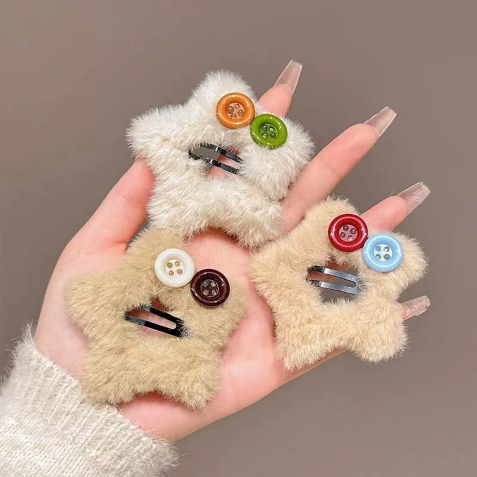 3PCS Fuzzy Bear Shape Hair Clips, Colorful Button Decor Hair Accessories,Soft Fluffy Winter Hair Barrettes,Cute Daily Hair Decor