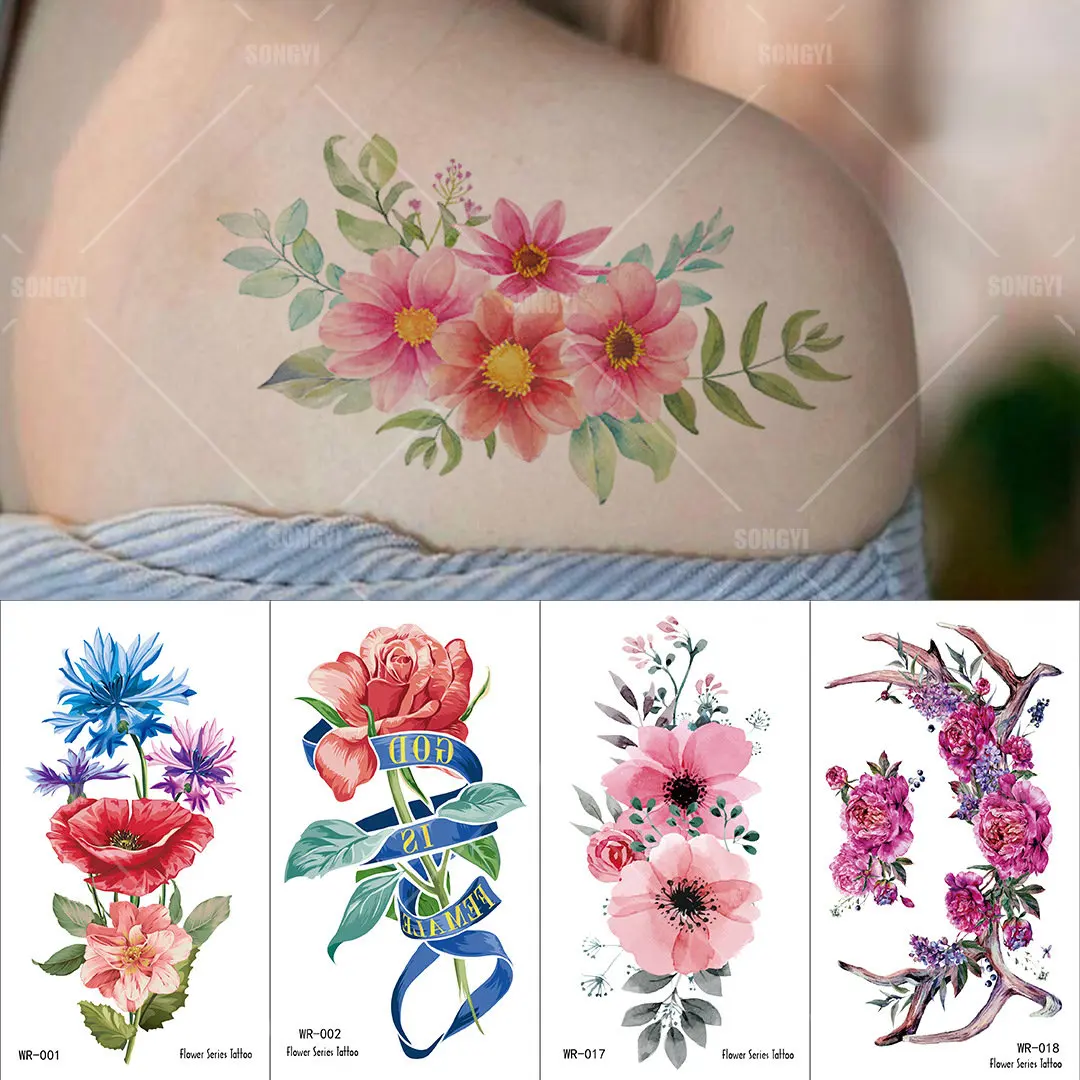 

Цветные цветы, временные татуировки для женщин и девочек, реалистичные татуировки с цветами розы, бабочки, искусственные татуировки, наклейки на предплечье, тело, тату 3D
