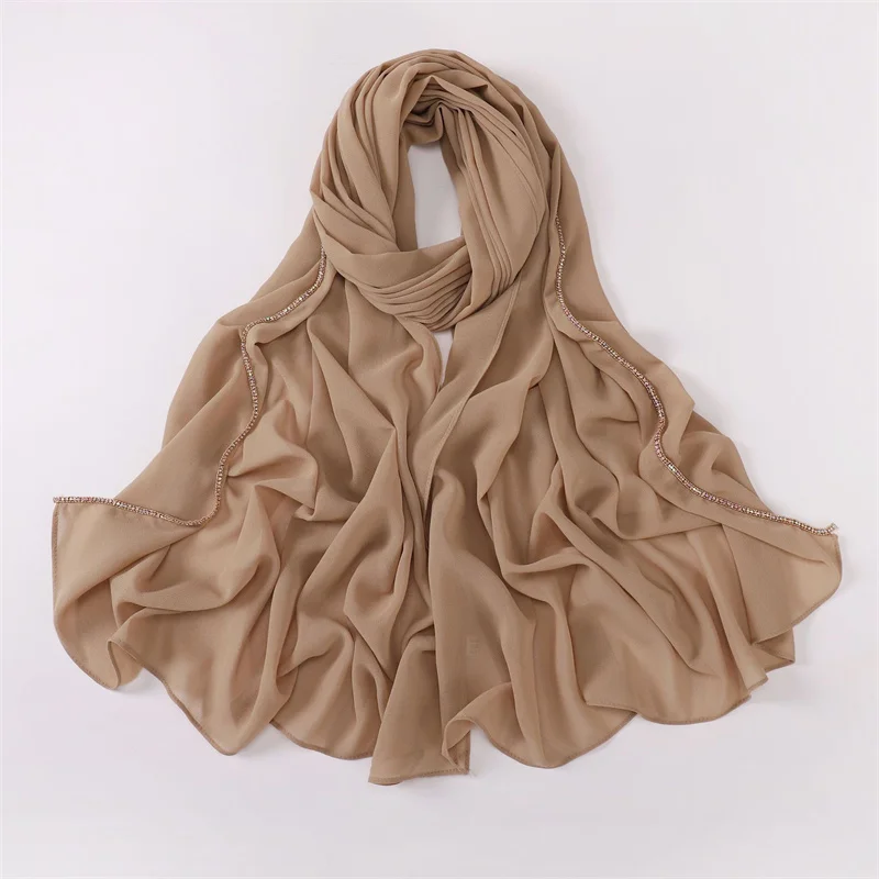 Metall Bronze Schmuck Kette Blase Chiffon Hijab Schals Hohe Qualität Bling Bling Wrap Strand Bufandas Ramadan Islamischen Muslimischen Sjaal – Detail 13