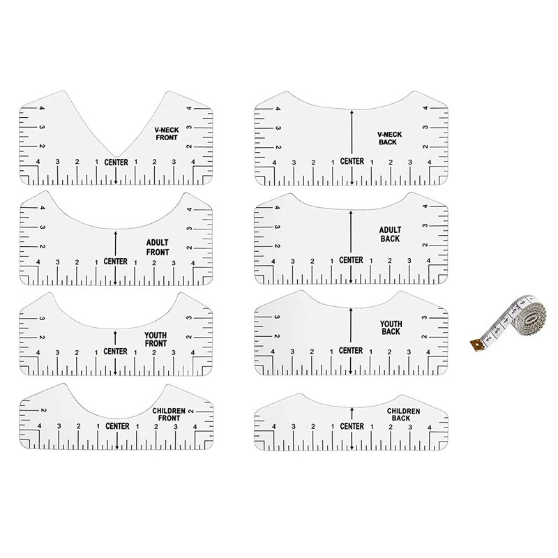 

9 PCS T-Shirt Alignment Tool, T-Shirt Guide Ruler For Designing Clothing, PVC Back And Front Aligned T-Shirt Rulers